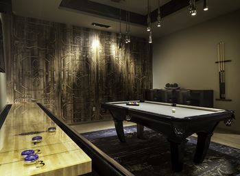 Game room with billiards table, shuffleboard, and a variety of indoor games